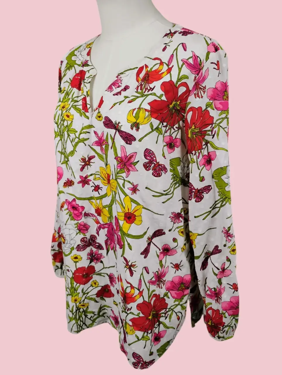 Talbots Women's L Floral Insect Print V-Neck Long Sleeve Blouse Top thumbnail 2