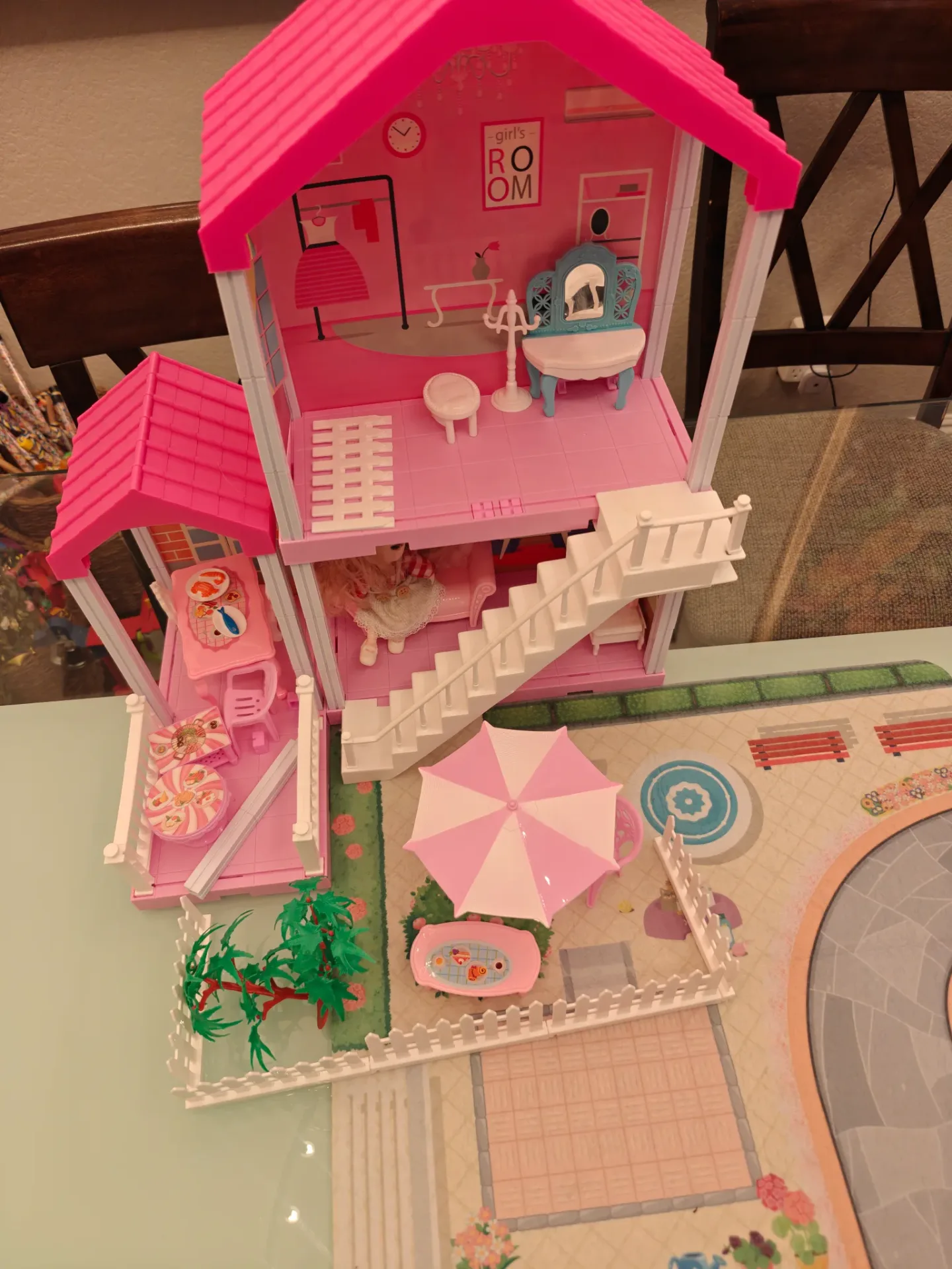 Pink 2-Story Dollhouse Playset w/ Furniture & Backyard Mat thumbnail 2