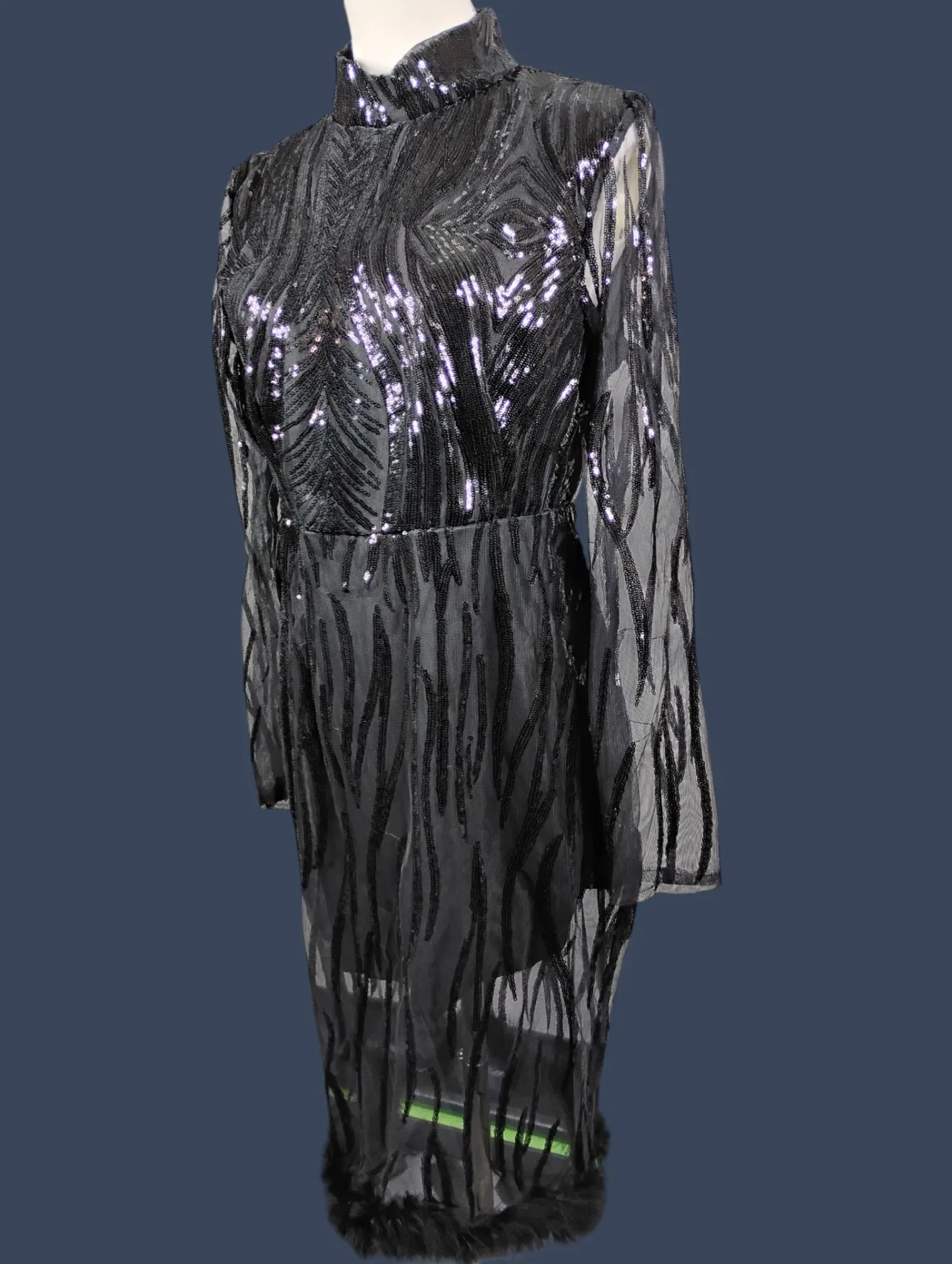 Black Sequin Sheer Long Sleeve Mock Neck Midi Dress Feather Trim thumbnail 3