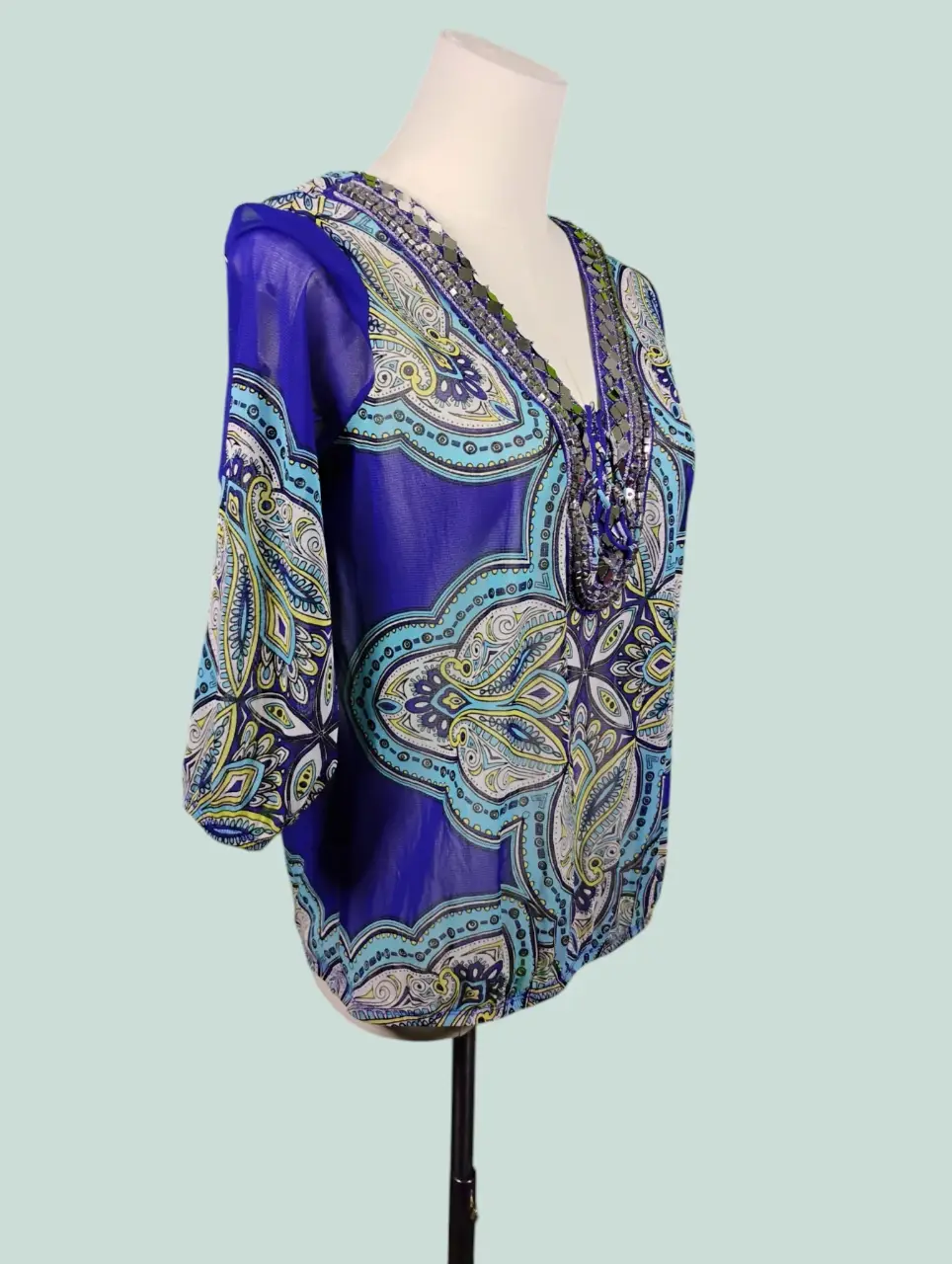 INC International Concepts Petite PL Blue Paisley Beaded Tunic Blouse thumbnail 3