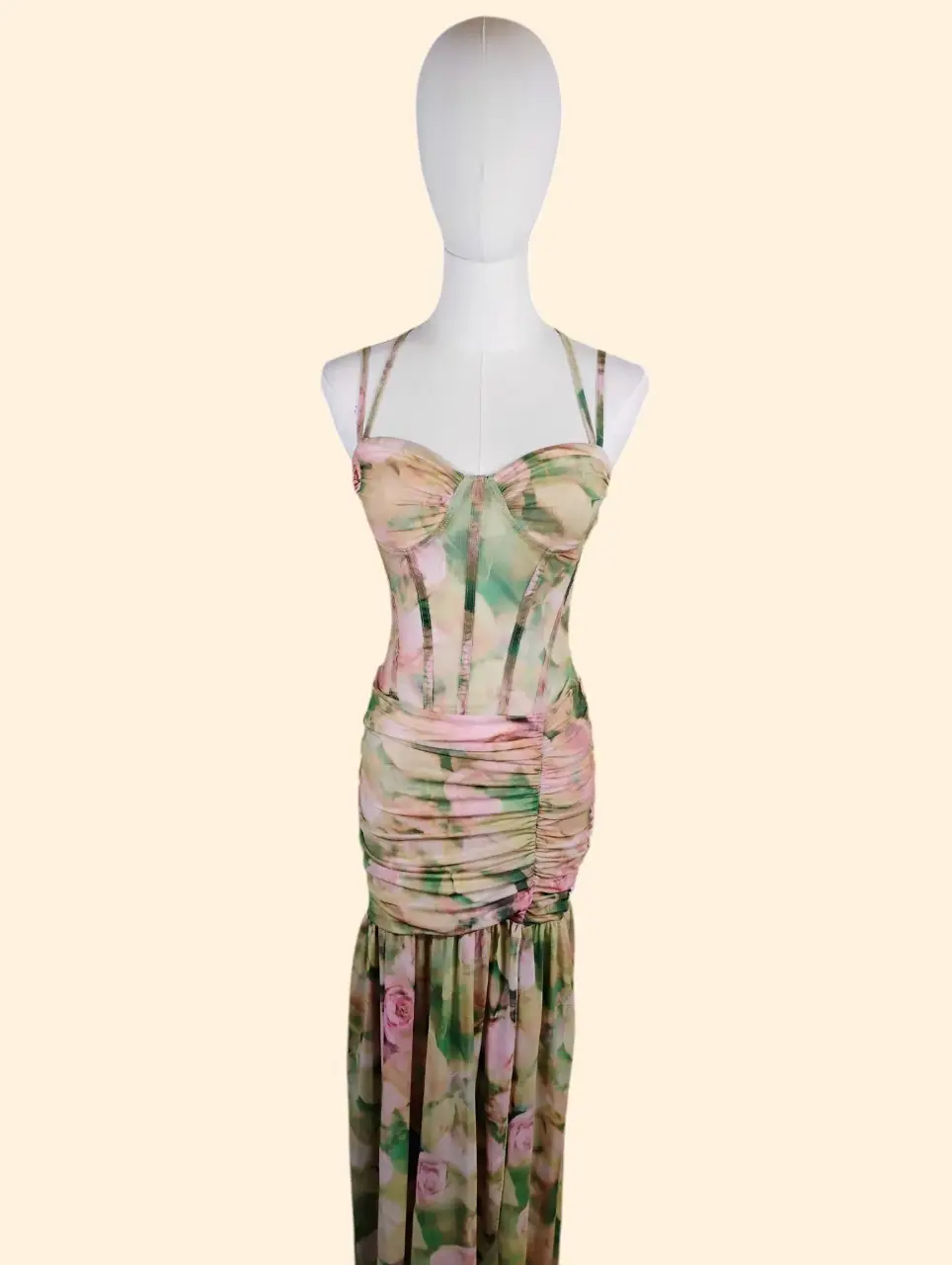 Xcemnis Floral Ruched Bustier Halter Maxi Dress NWT Womens S
