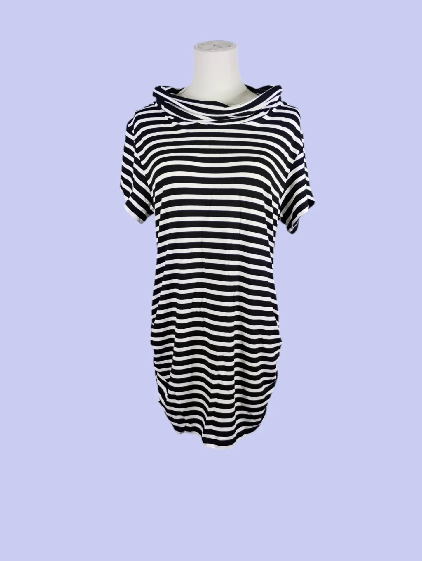 Kenneth Cole New York Black White Striped Cowl Neck Tunic Dress M