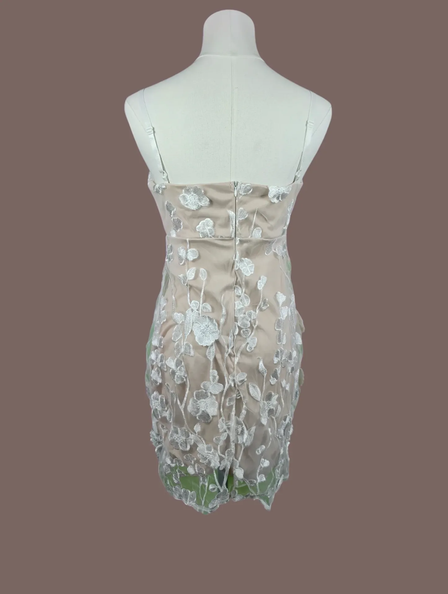Floral Lace Mini Dress Nude White Spaghetti Straps Size M thumbnail 4
