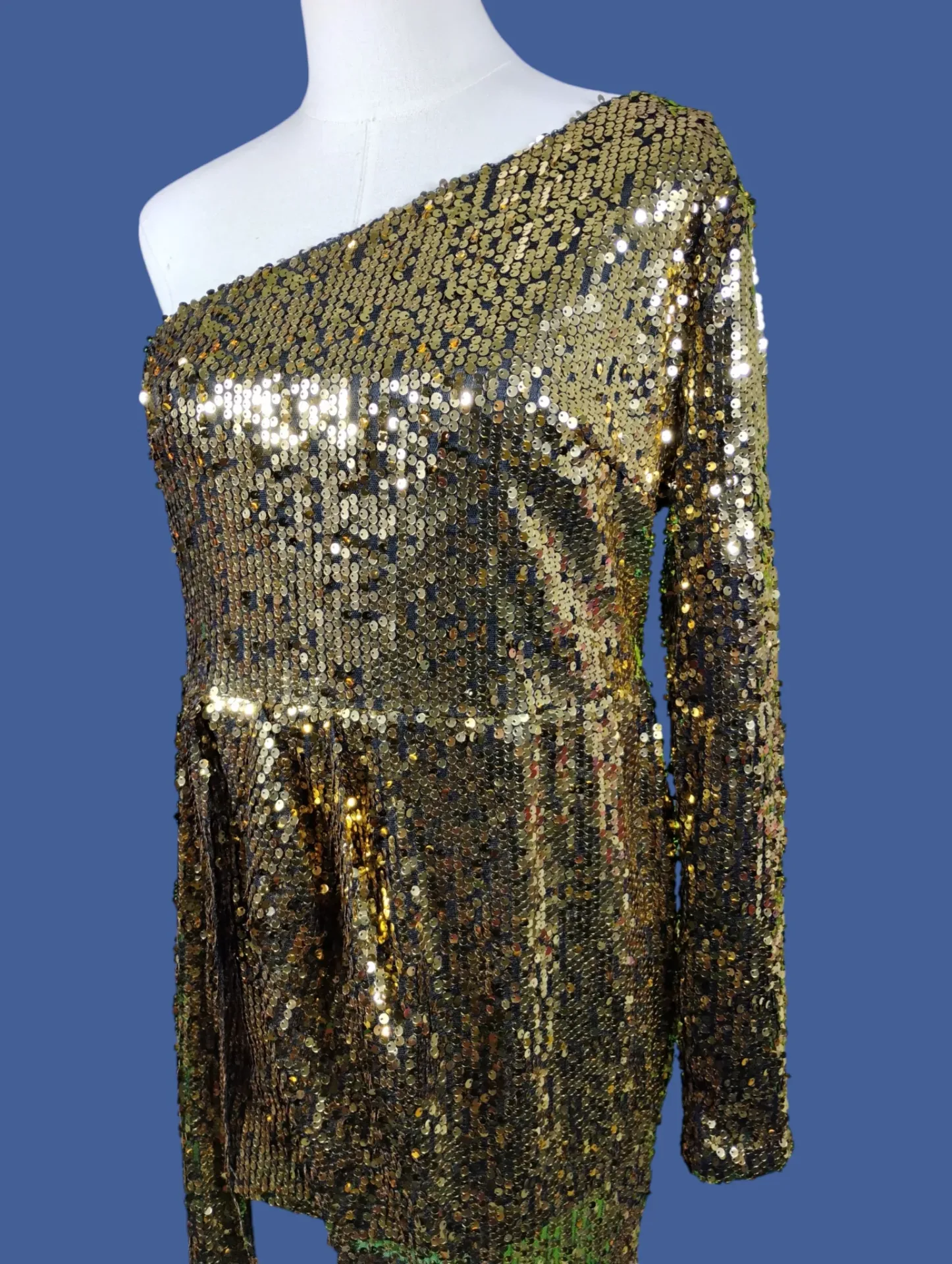 Gold Sequin One-Shoulder Mini Dress Party Cocktail Evening thumbnail 2