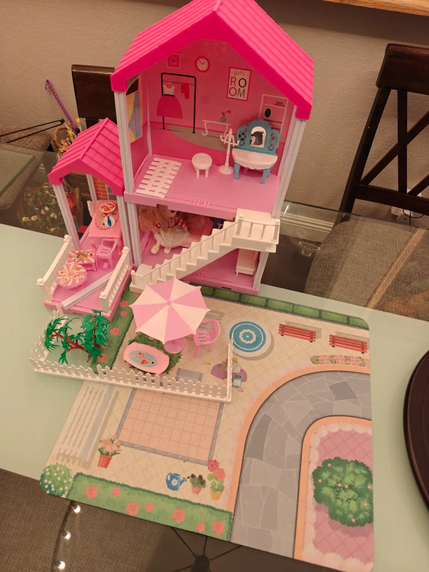 Pink 2-Story Dollhouse Playset w/ Furniture & Backyard Mat