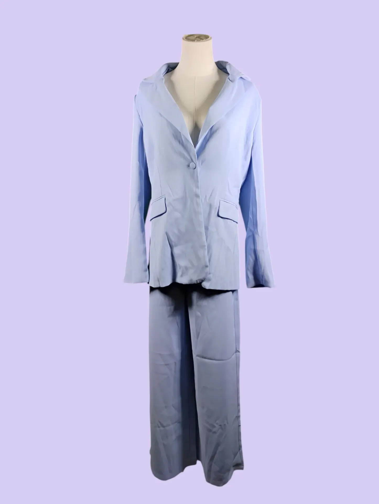 Light Blue Polyester Pantsuit Women's Size M Blazer & Wide Leg Pants Set