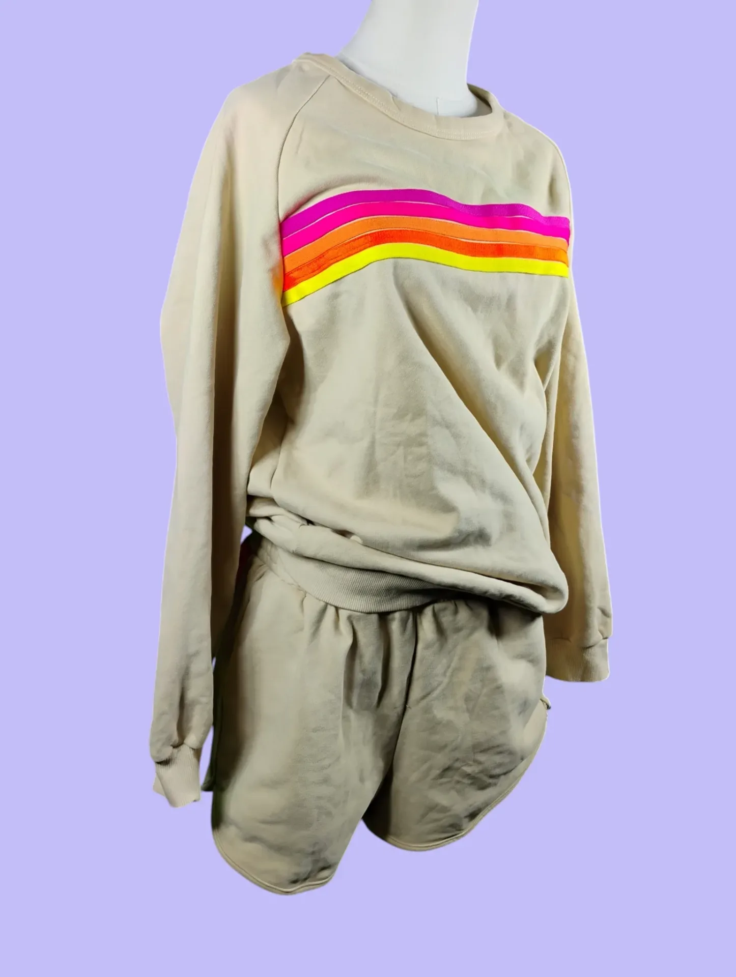 Women's XL Beige Rainbow Stripe Long Sleeve Sweatshirt & Shorts Lounge Set thumbnail 2