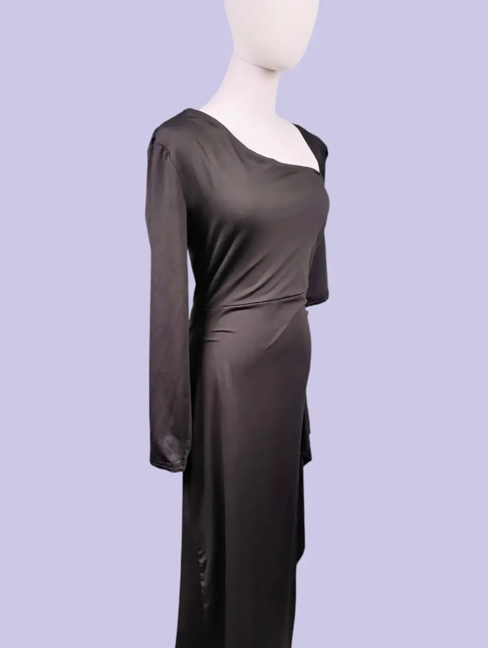 Women's Black One Shoulder Ruched Maxi Dress Long Sleeve Asymmetrical Knit thumbnail 3