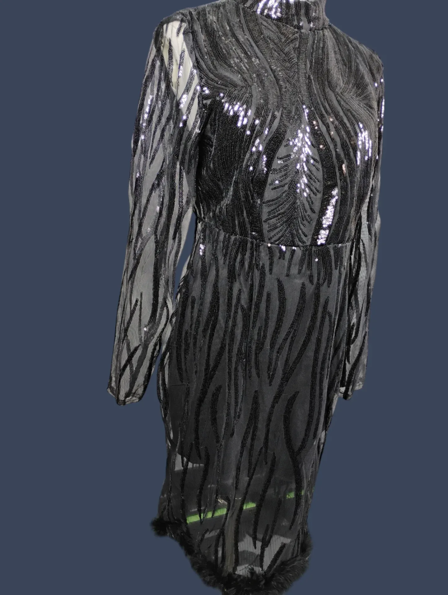 Black Sequin Sheer Long Sleeve Mock Neck Midi Dress Feather Trim thumbnail 2