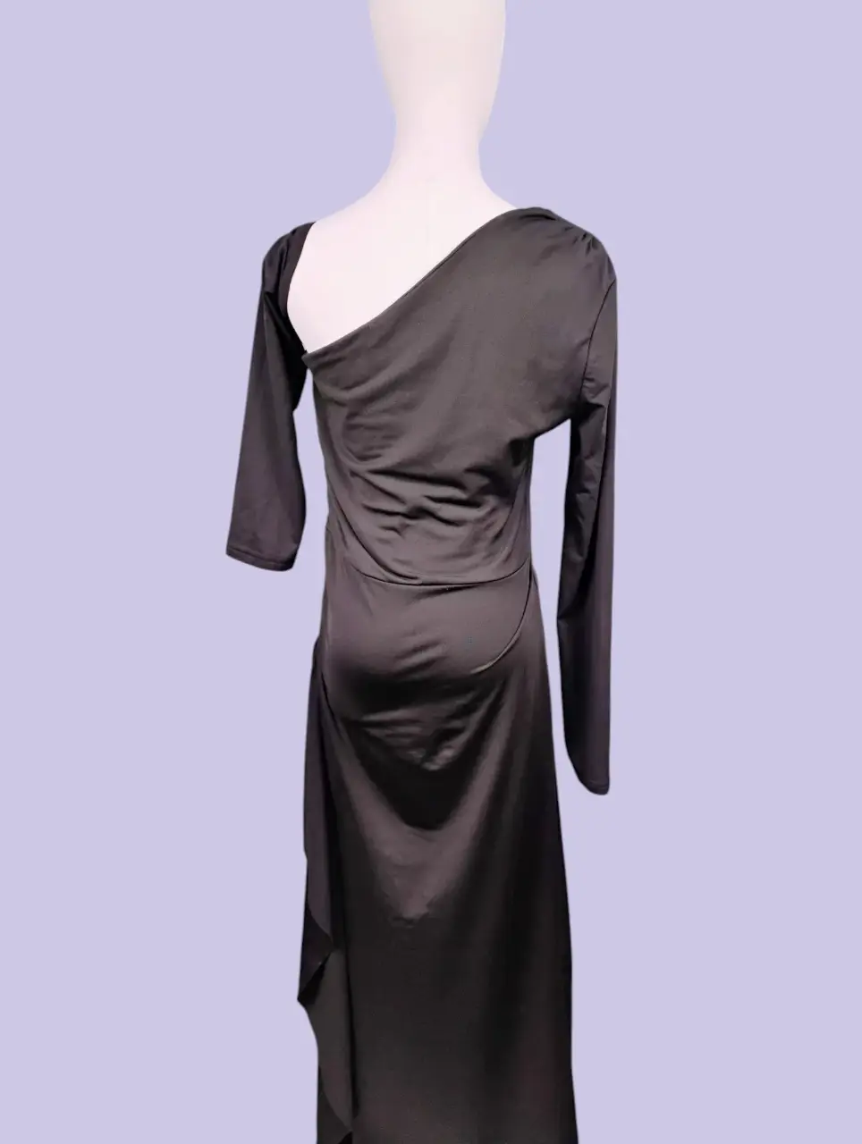 Women's Black One Shoulder Ruched Maxi Dress Long Sleeve Asymmetrical Knit thumbnail 2