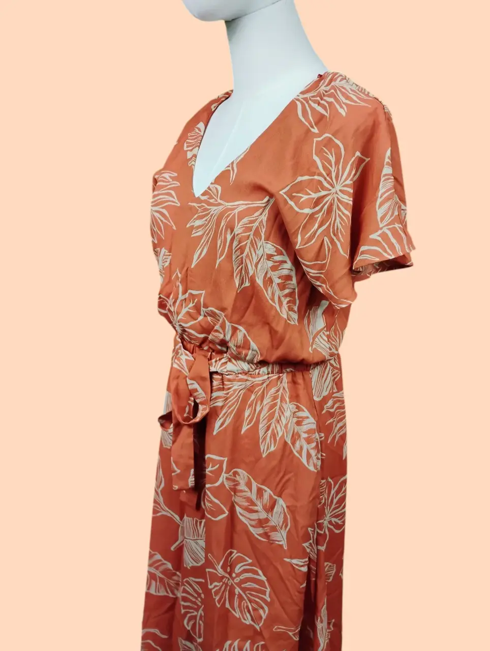 Sienna Sky Women's Orange Leaf Print V-Neck Short Sleeve Midi Dress M thumbnail 3