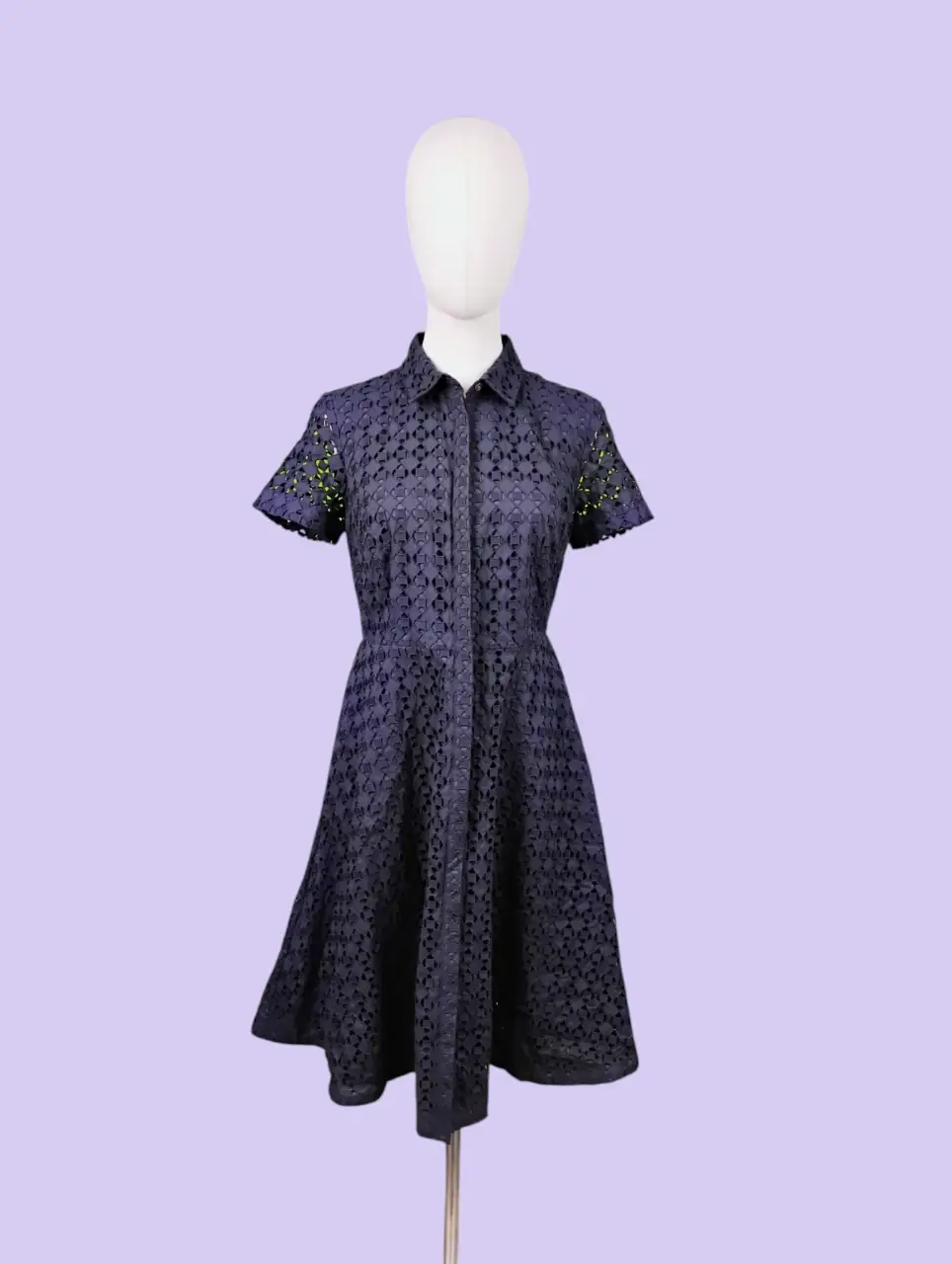 Ann Taylor Small Navy Blue Eyelet Collared Short Sleeve Dress