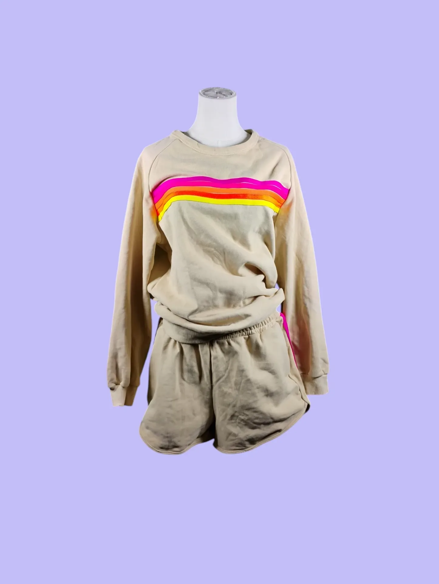 Women's XL Beige Rainbow Stripe Long Sleeve Sweatshirt & Shorts Lounge Set