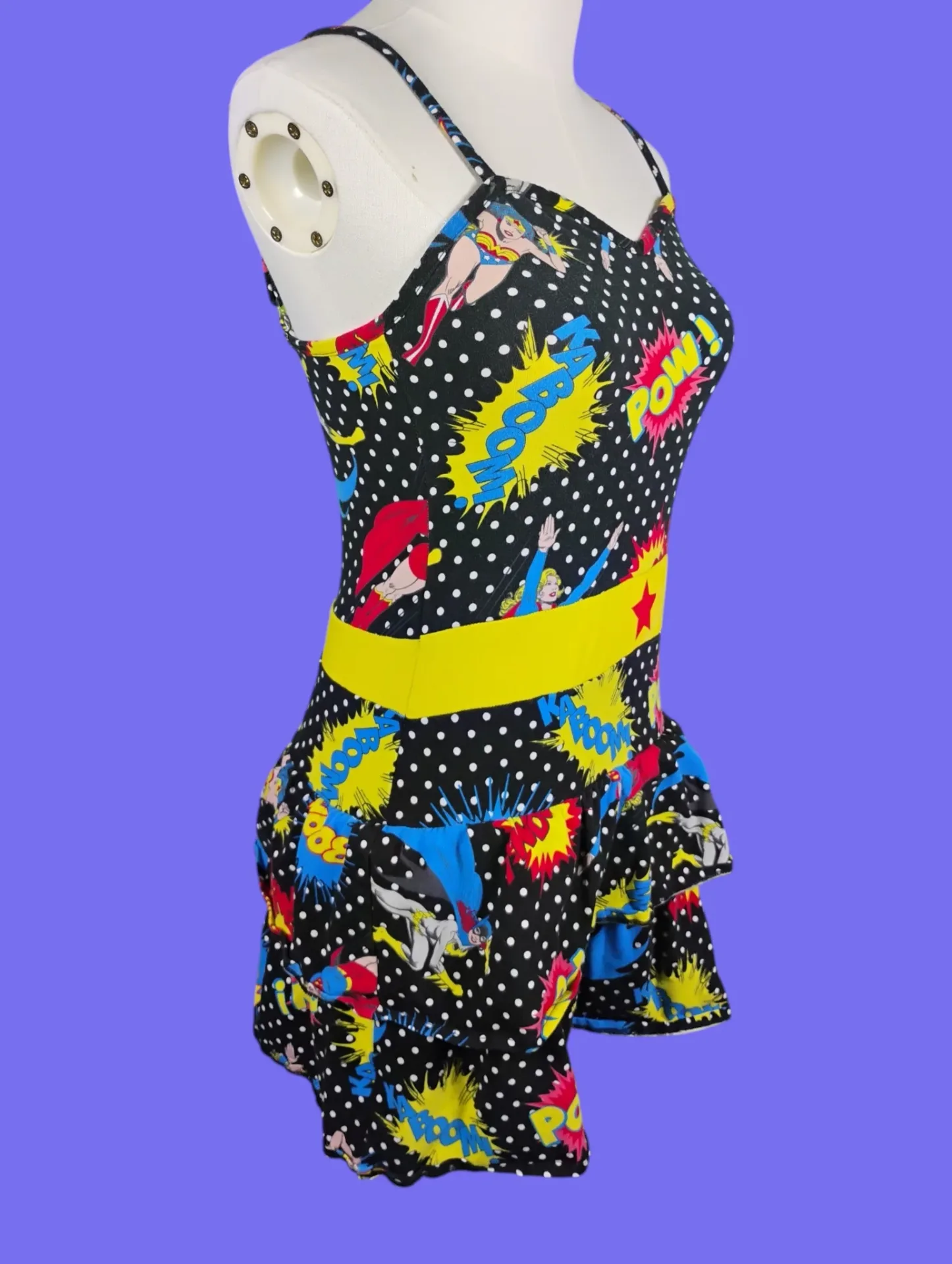 DC Comics Superhero Polka Dot Ruffled Swimsuit Romper Womens M (7/9) thumbnail 2