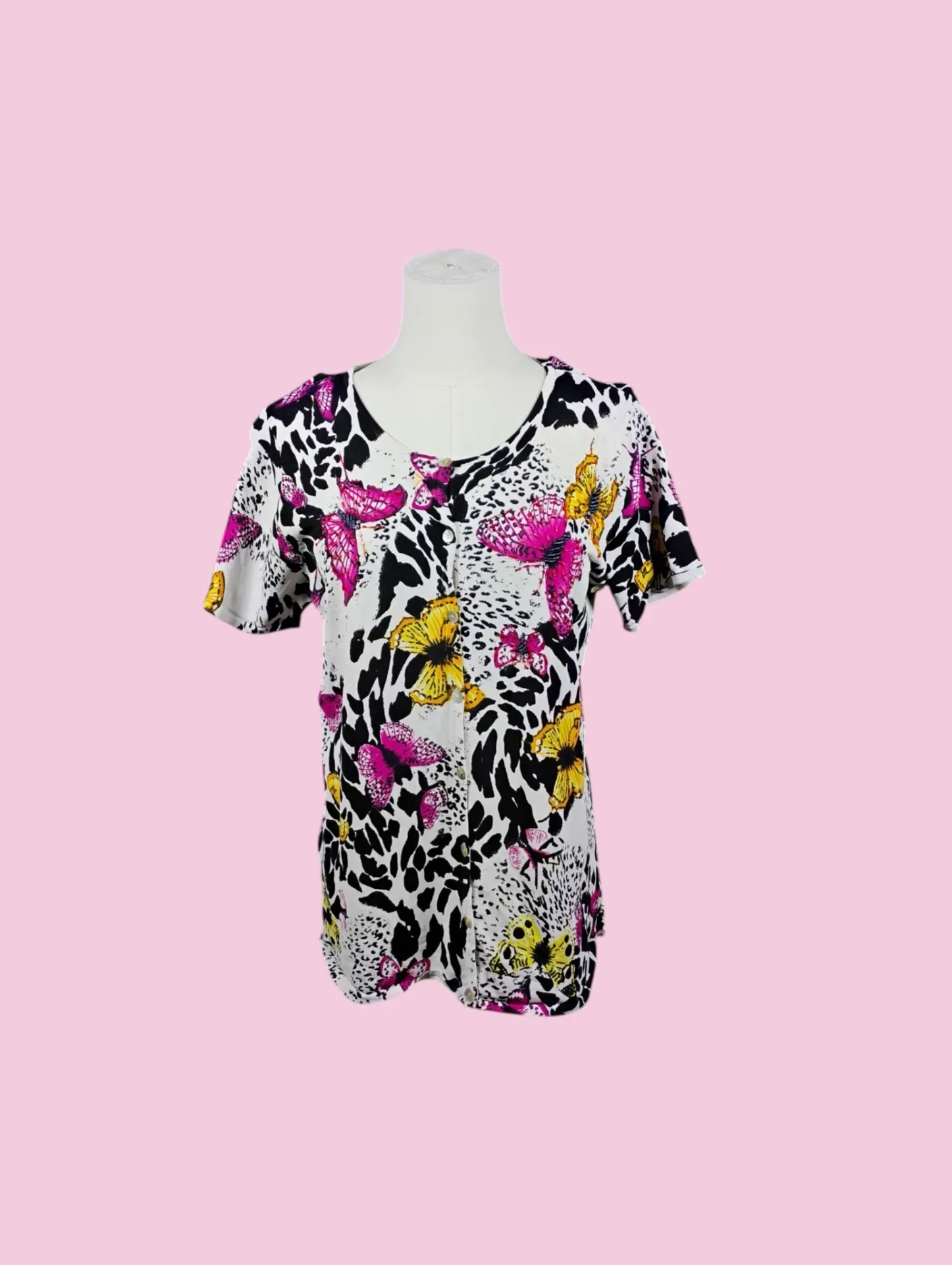 VENUE Women's M Butterfly Leopard Print Short Sleeve Blouse Top