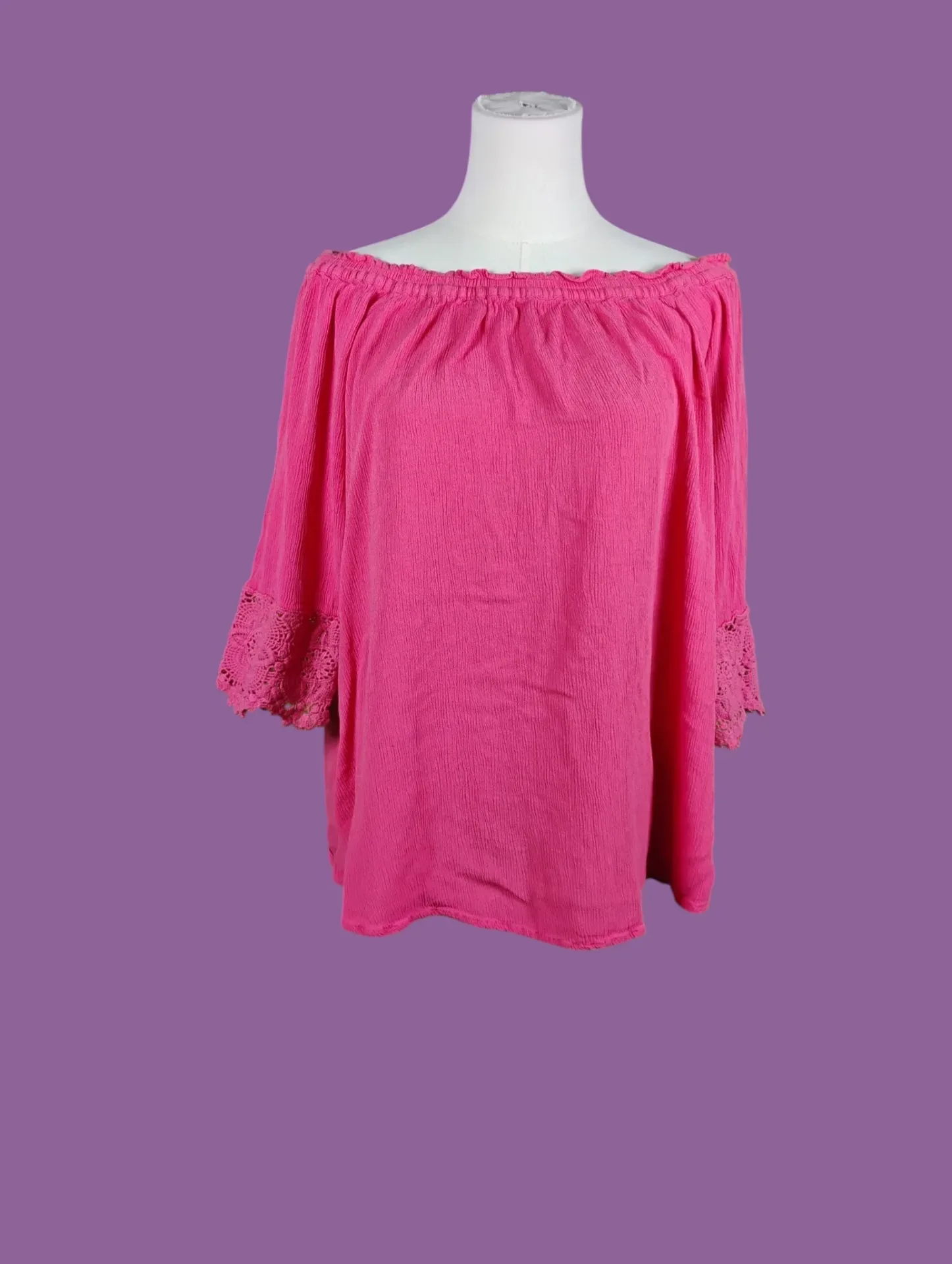 Chelsea & Theodo Hot Pink Off Shoulder Top Crochet Lace Sleeves Size L