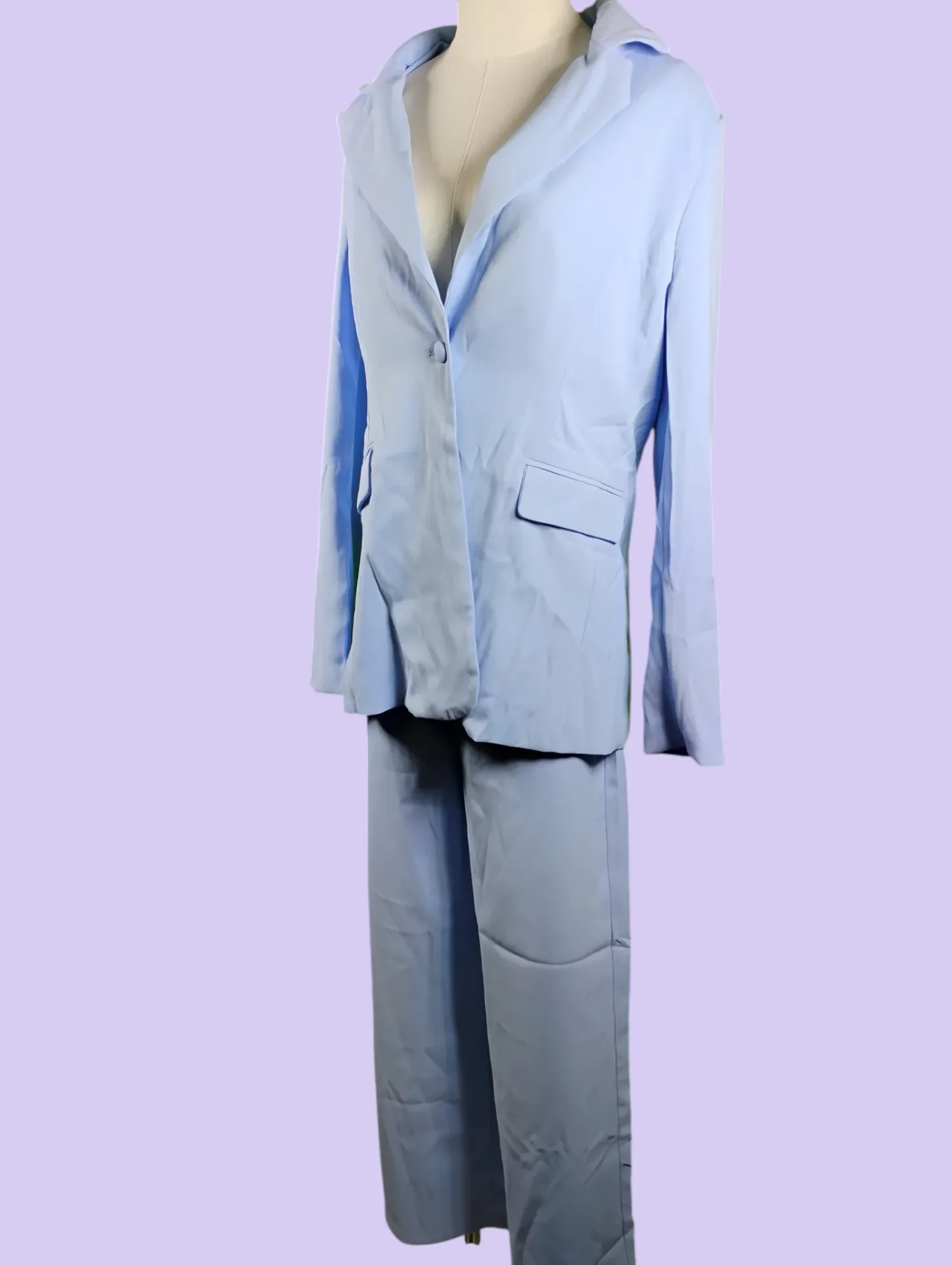 Light Blue Polyester Pantsuit Women's Size M Blazer & Wide Leg Pants Set thumbnail 2