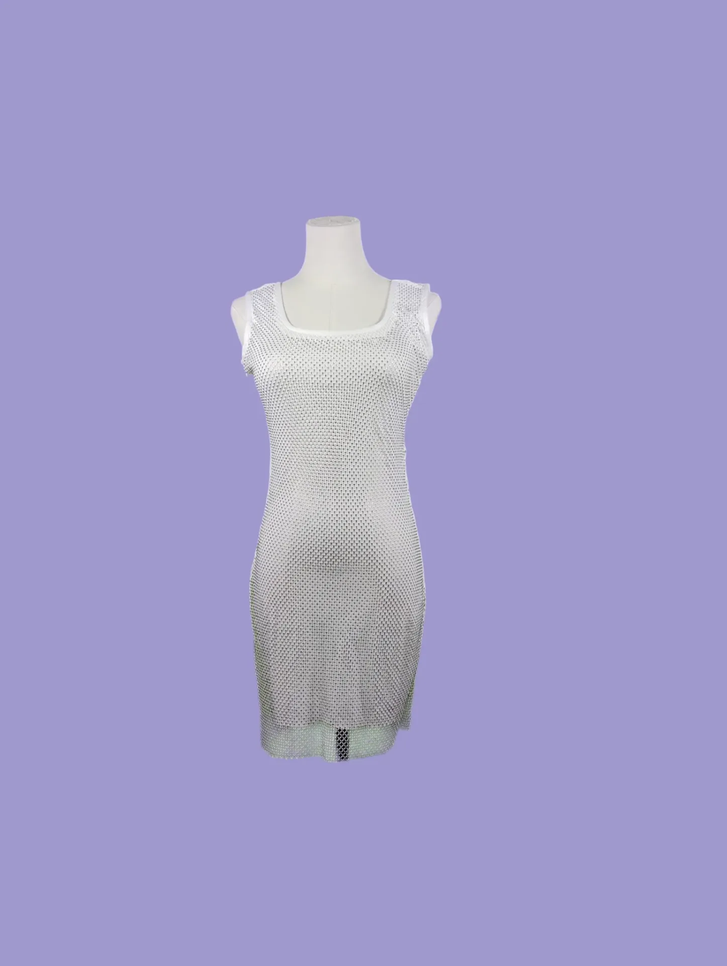 another White Rhinestone Mesh Bodycon Mini Dress Square Neck Scoop Back M