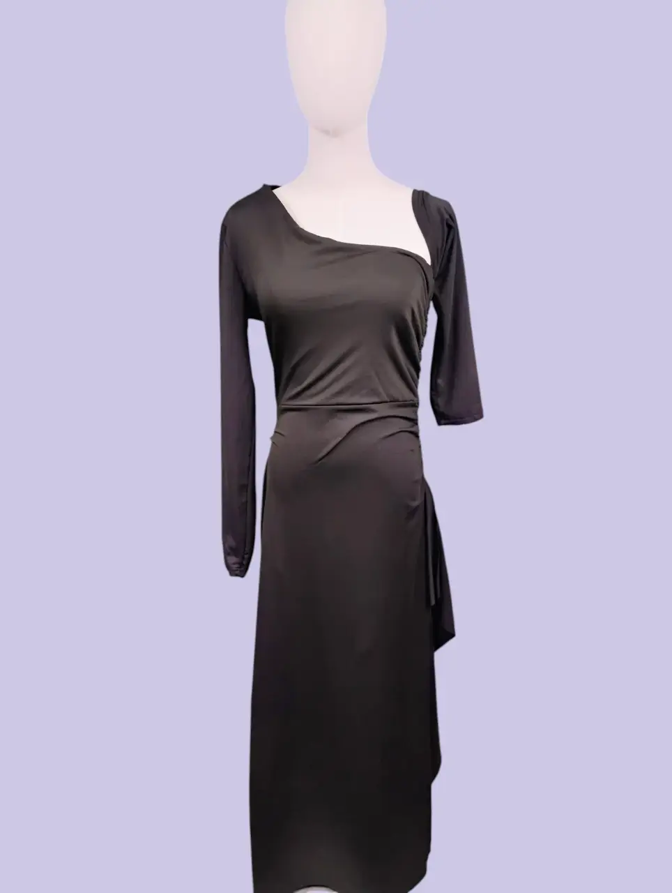 Women's Black One Shoulder Ruched Maxi Dress Long Sleeve Asymmetrical Knit thumbnail 4