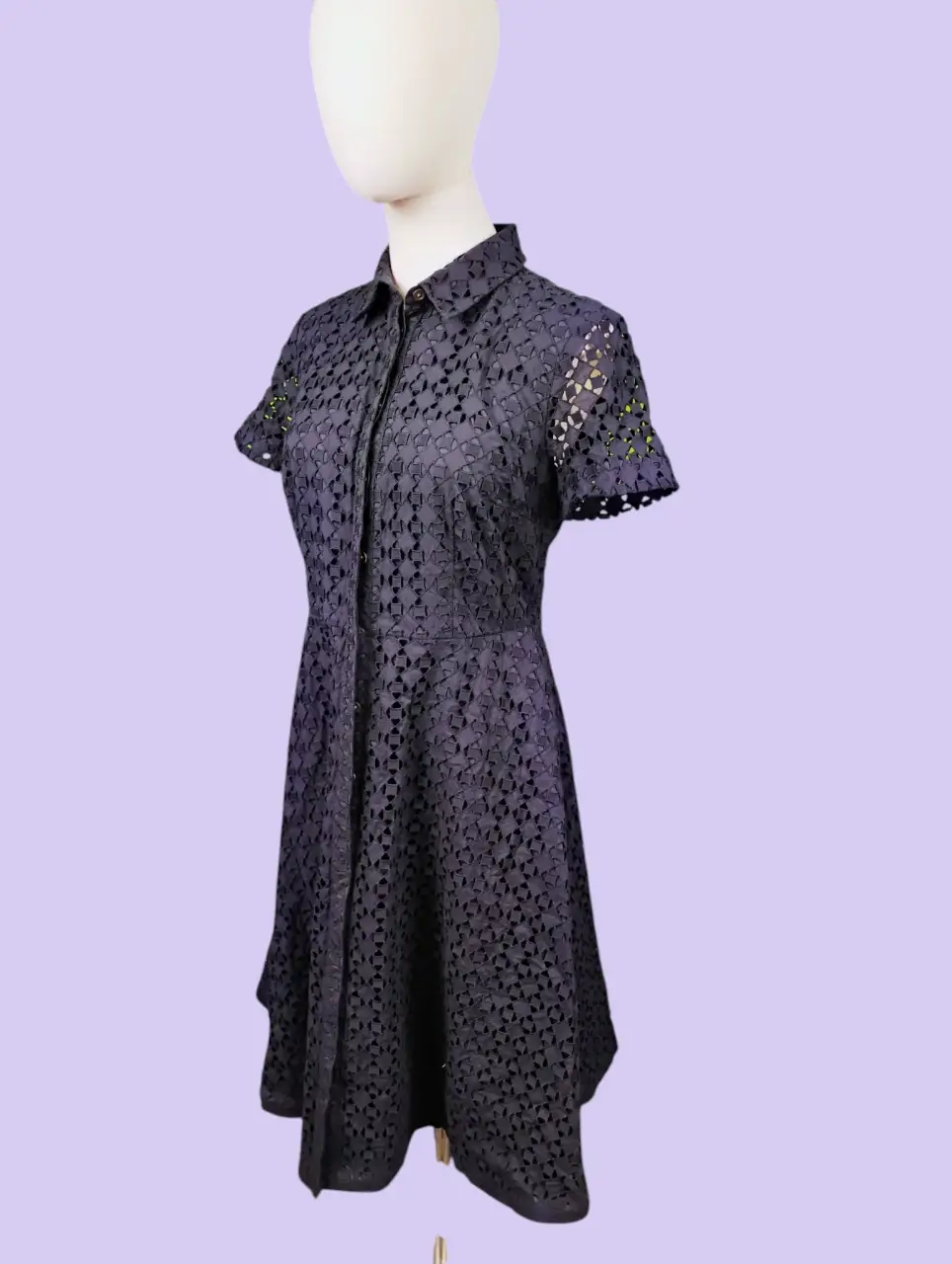 Ann Taylor Small Navy Blue Eyelet Collared Short Sleeve Dress thumbnail 2