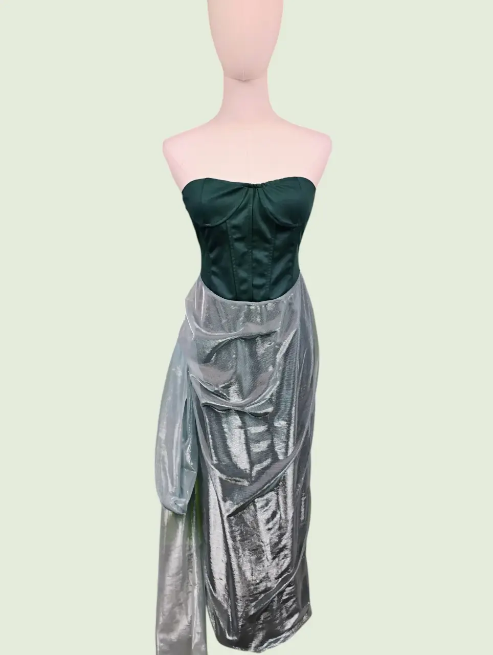 Chic Strapless Corset Bodice Gown Dress Dark Green Silver Size L