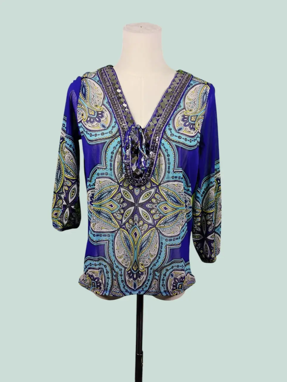 INC International Concepts Petite PL Blue Paisley Beaded Tunic Blouse