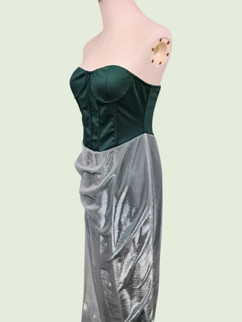 Chic Strapless Corset Bodice Gown Dress Dark Green Silver Size L thumbnail 2