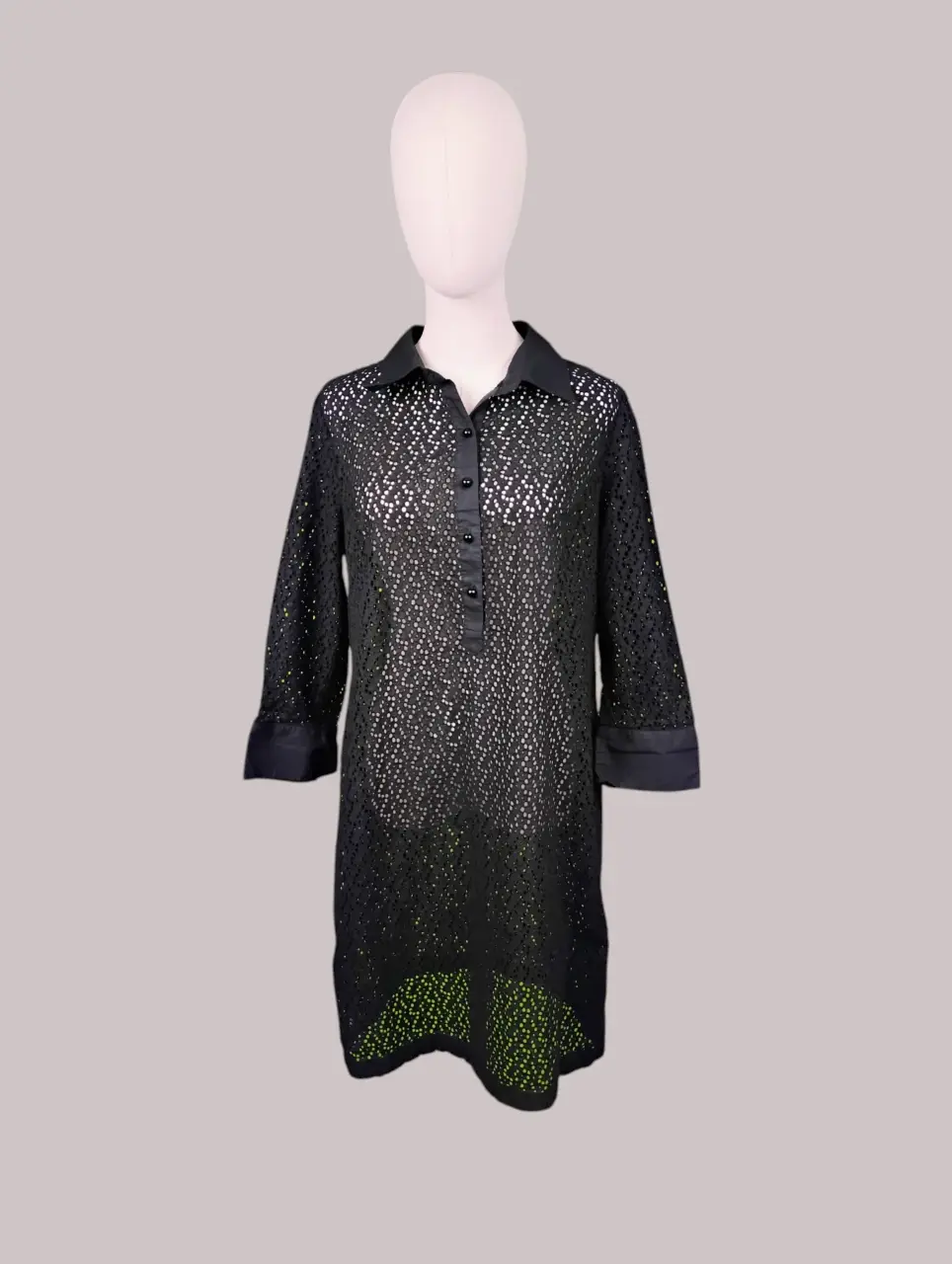 Talbots Black Open Knit Collared 3/4 Sleeve Tunic Dress Size 14