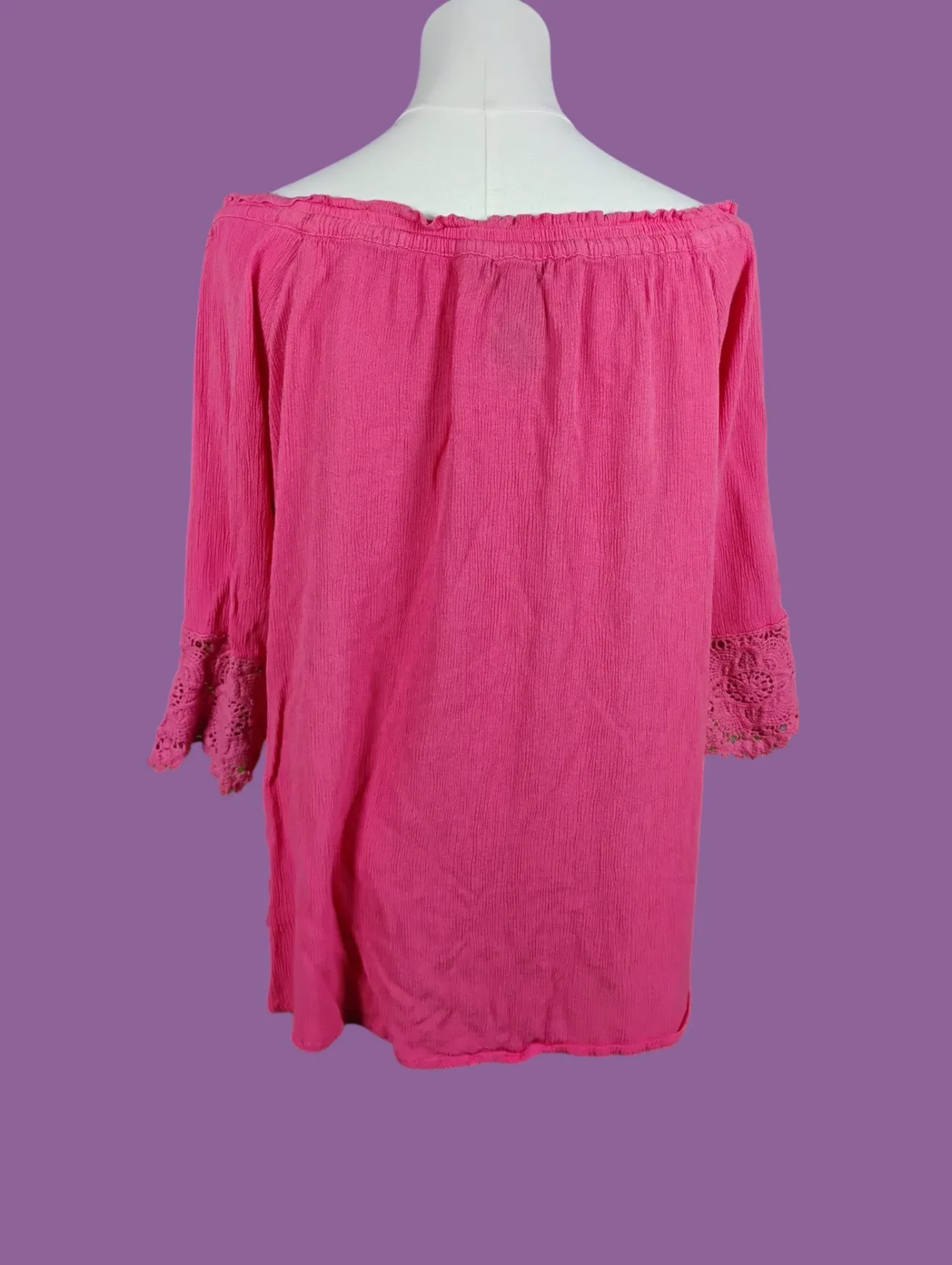 Chelsea & Theodo Hot Pink Off Shoulder Top Crochet Lace Sleeves Size L thumbnail 4