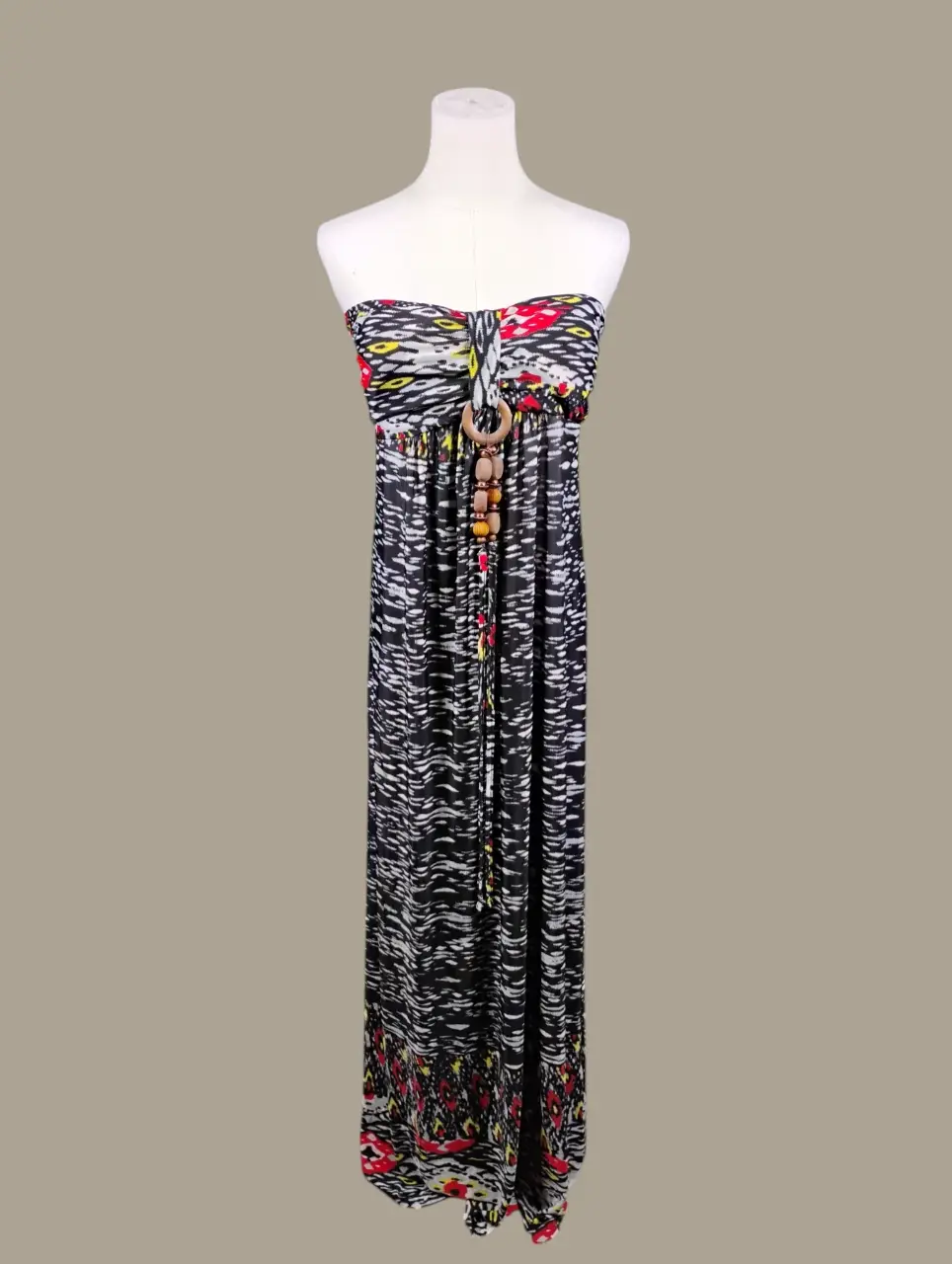 Leshop Womens M/M Strapless Maxi Dress Black White Zebra Print Wood Beads