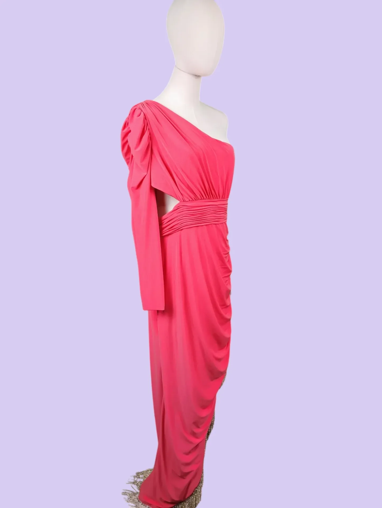 Mac Duggal One Shoulder Ruched Fringe High-Low Gown Dress 14W Coral Pink thumbnail 4