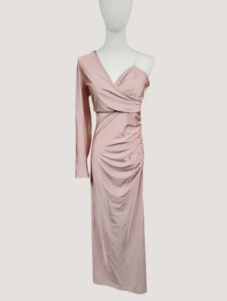 Women's One Shoulder Ruched Midi Dress Long Sleeve Pale Pink
