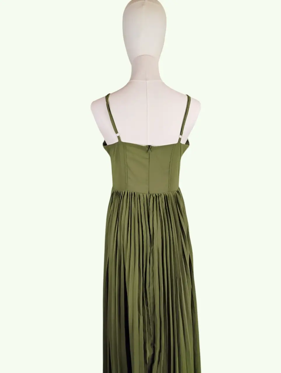 Modenaire Olive Green Pleated Bustier Spaghetti Strap Maxi Dress M thumbnail 2
