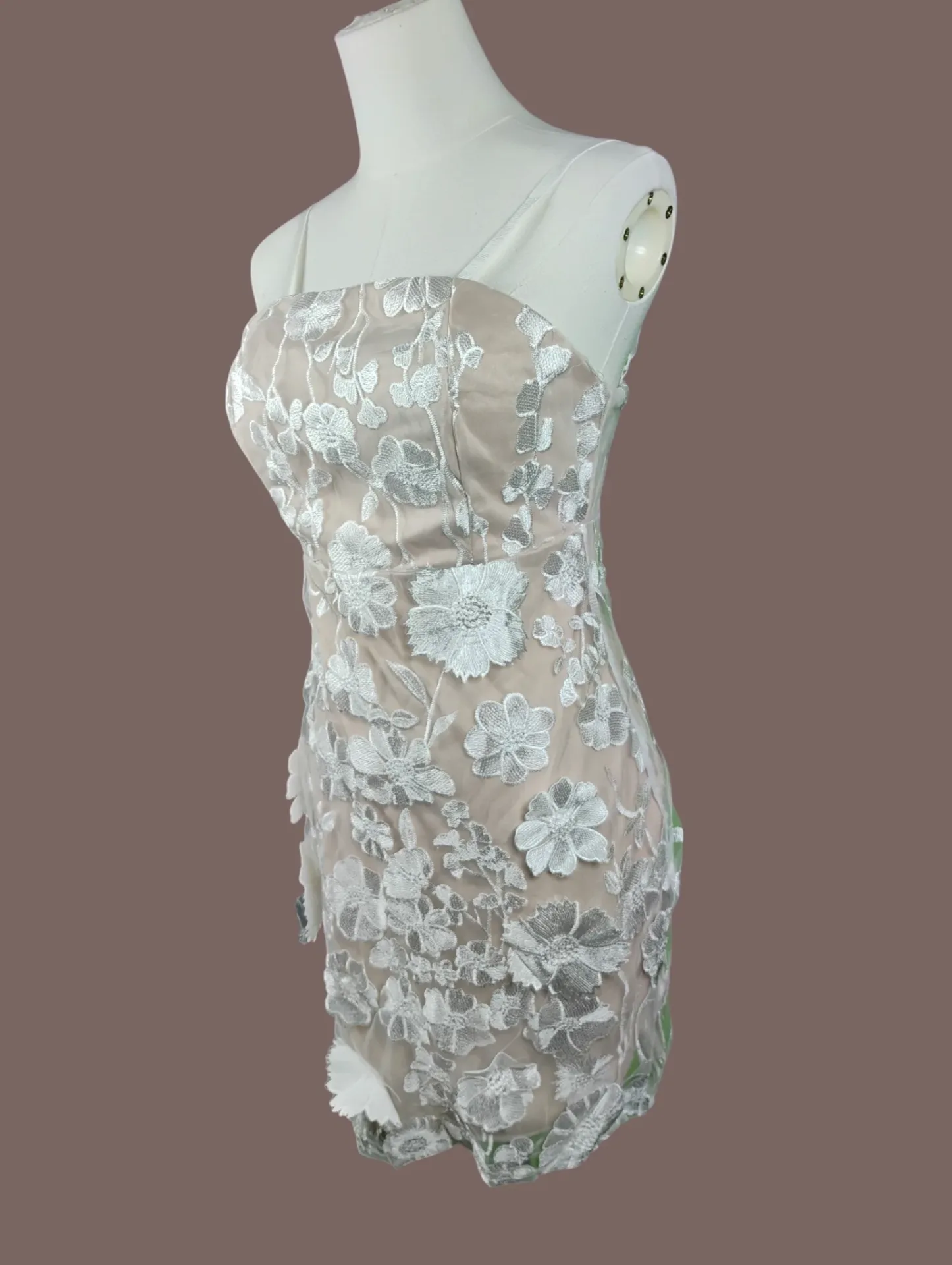 Floral Lace Mini Dress Nude White Spaghetti Straps Size M thumbnail 2