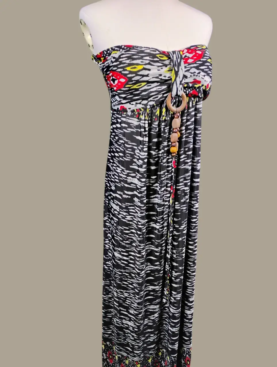 Leshop Womens M/M Strapless Maxi Dress Black White Zebra Print Wood Beads thumbnail 2