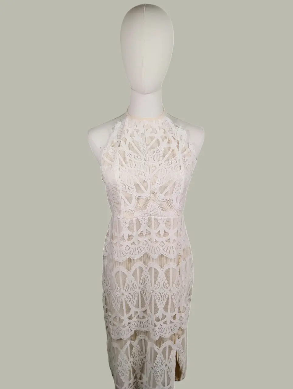 White Lace Halter Neck Midi Dress Women's XL Elegant Cocktail Party