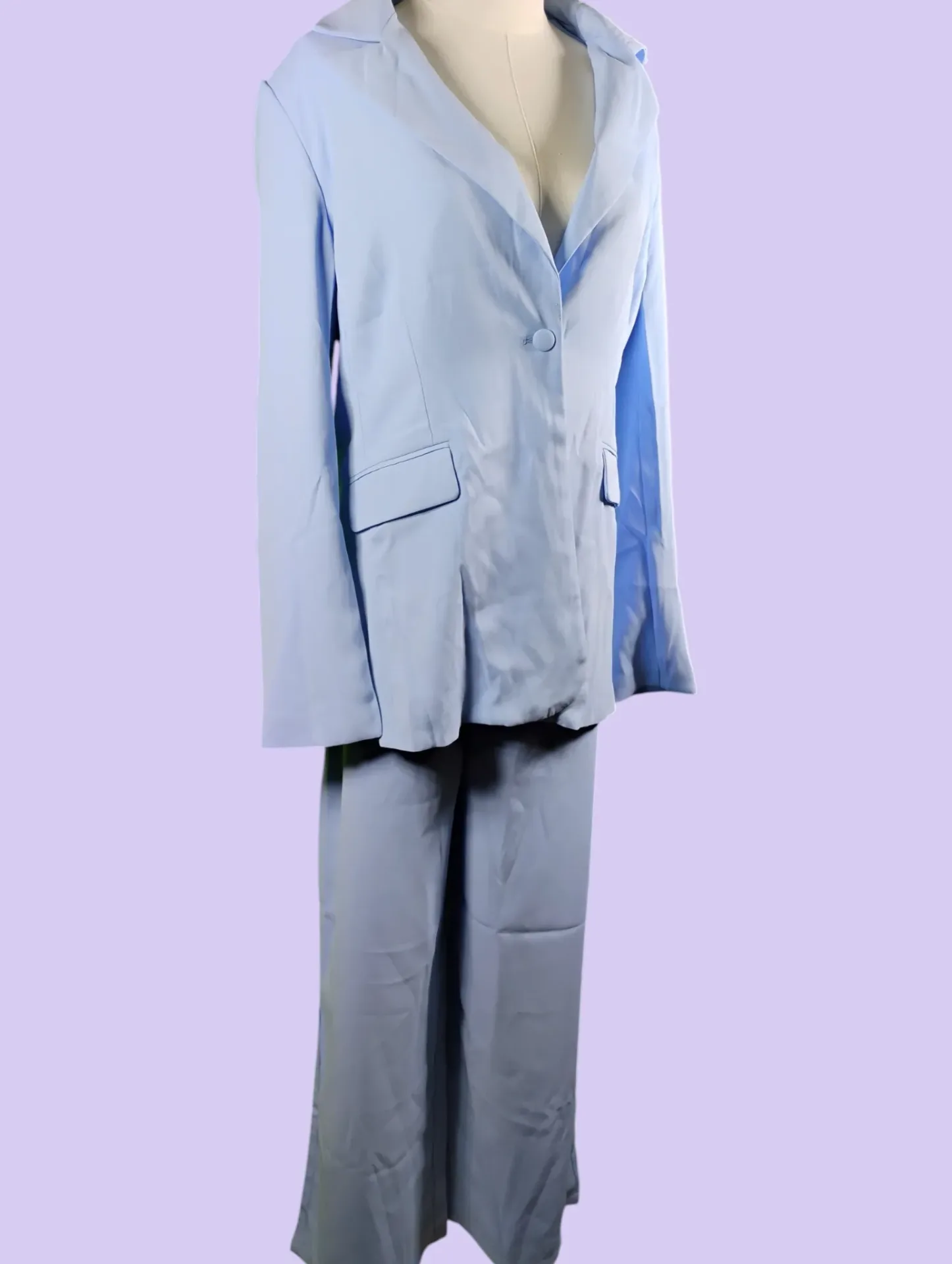 Light Blue Polyester Pantsuit Women's Size M Blazer & Wide Leg Pants Set thumbnail 3