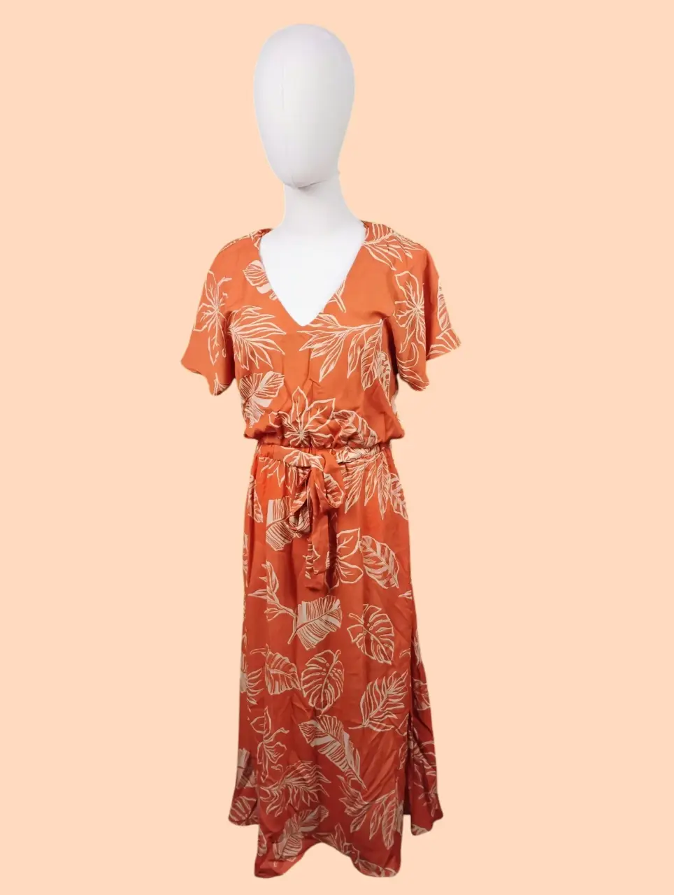 Sienna Sky Women's Orange Leaf Print V-Neck Short Sleeve Midi Dress M