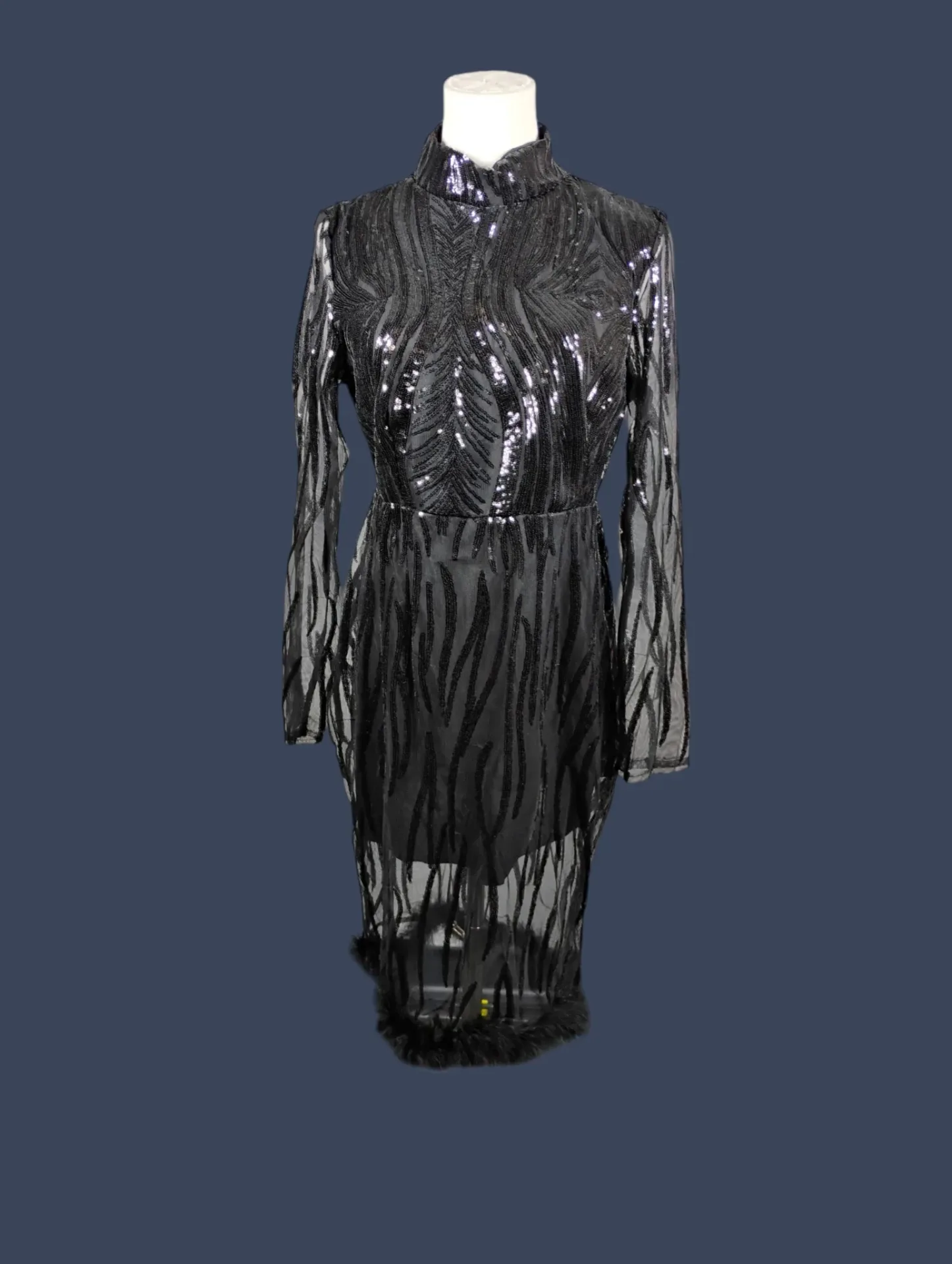 Black Sequin Sheer Long Sleeve Mock Neck Midi Dress Feather Trim