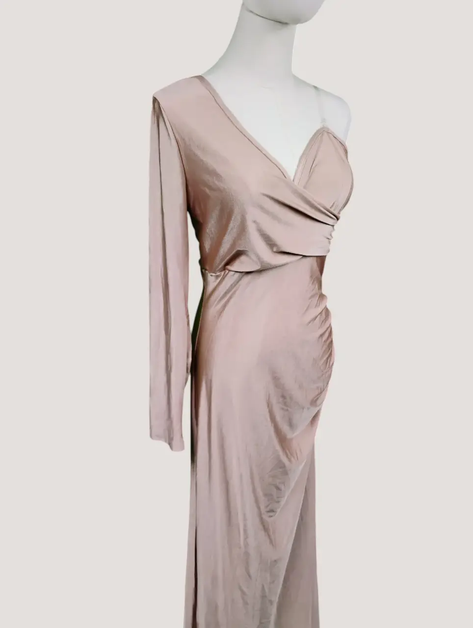 Women's One Shoulder Ruched Midi Dress Long Sleeve Pale Pink thumbnail 3
