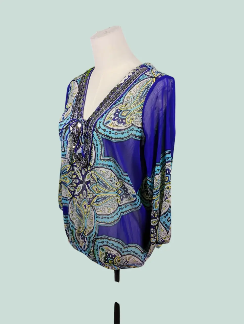 INC International Concepts Petite PL Blue Paisley Beaded Tunic Blouse thumbnail 2