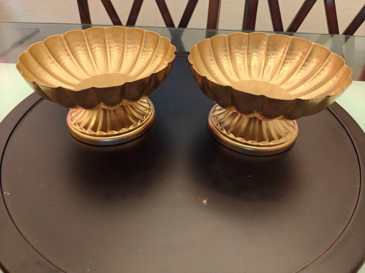 Pair of Gold Scalloped Pedestal Compote Vases - 7 inch Decorative Bowls thumbnail 2