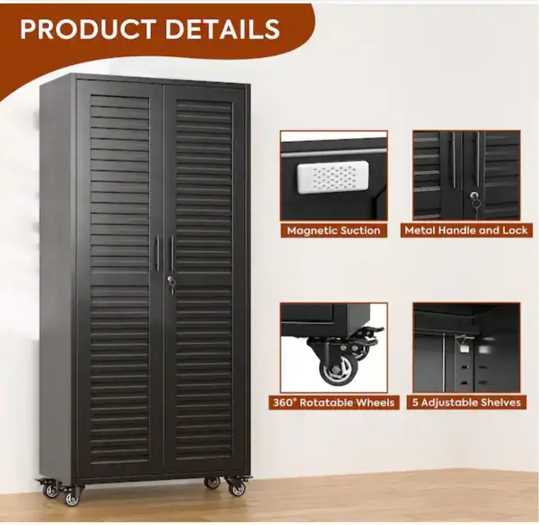 Black Metal Storage Cabinet w/ Louvered Doors, Adjustable Shelves, Lockable thumbnail 4