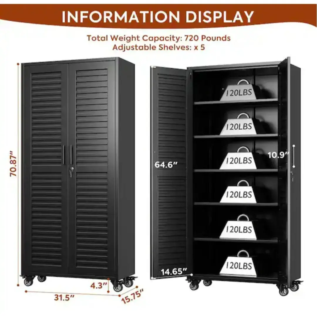 Black Metal Storage Cabinet w/ Louvered Doors, Adjustable Shelves, Lockable thumbnail 5