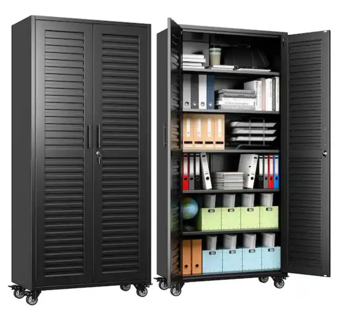 Black Metal Storage Cabinet w/ Louvered Doors, Adjustable Shelves, Lockable thumbnail 6