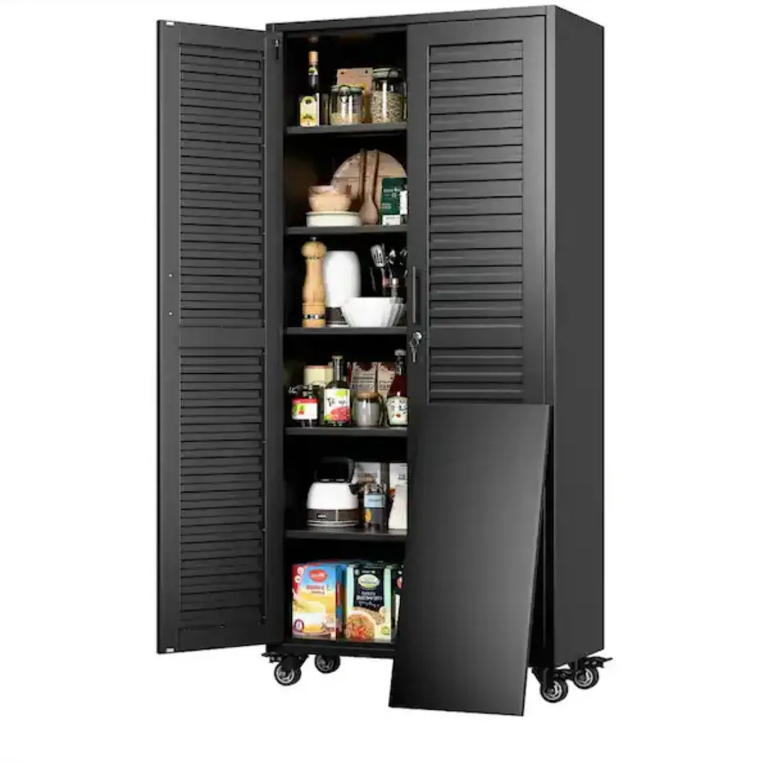 Black Metal Storage Cabinet w/ Louvered Doors, Adjustable Shelves, Lockable thumbnail 7