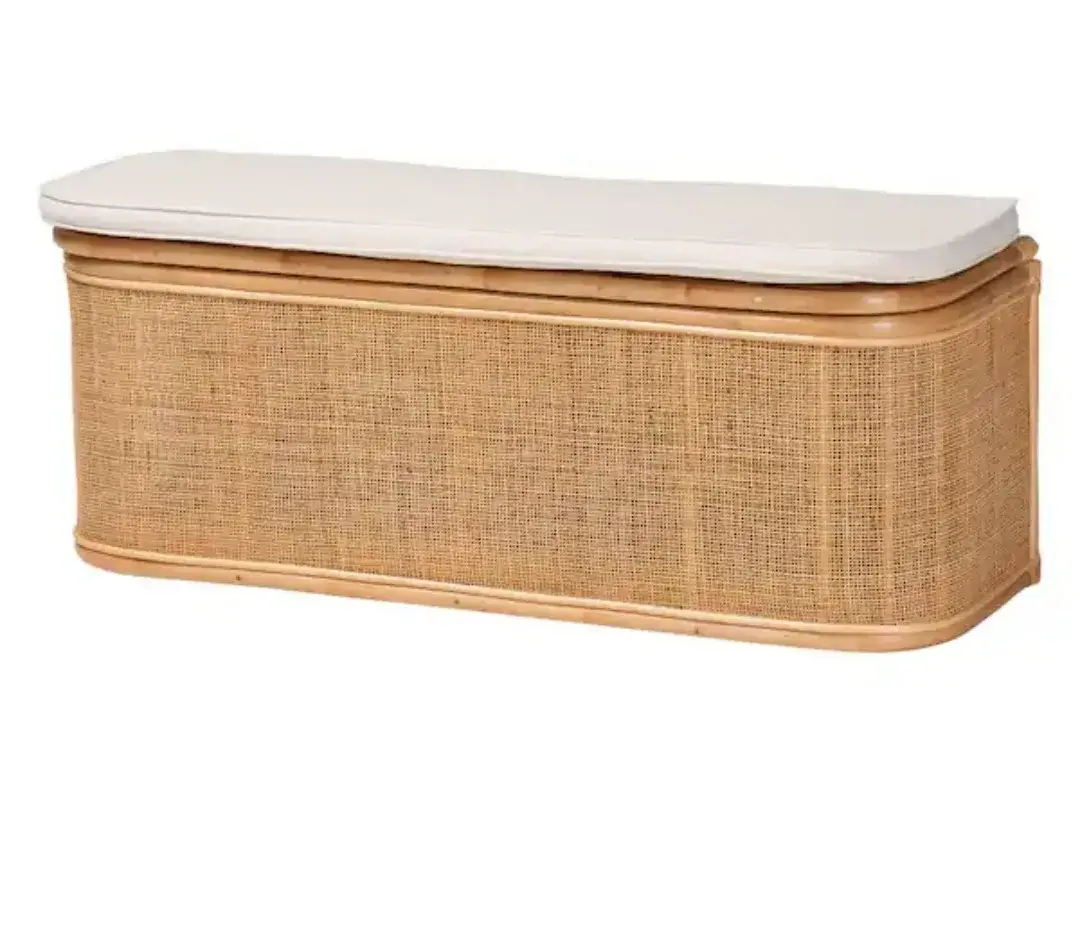 Bali & Pari Ishana Boho Rattan Storage Bench w/ White Cushion