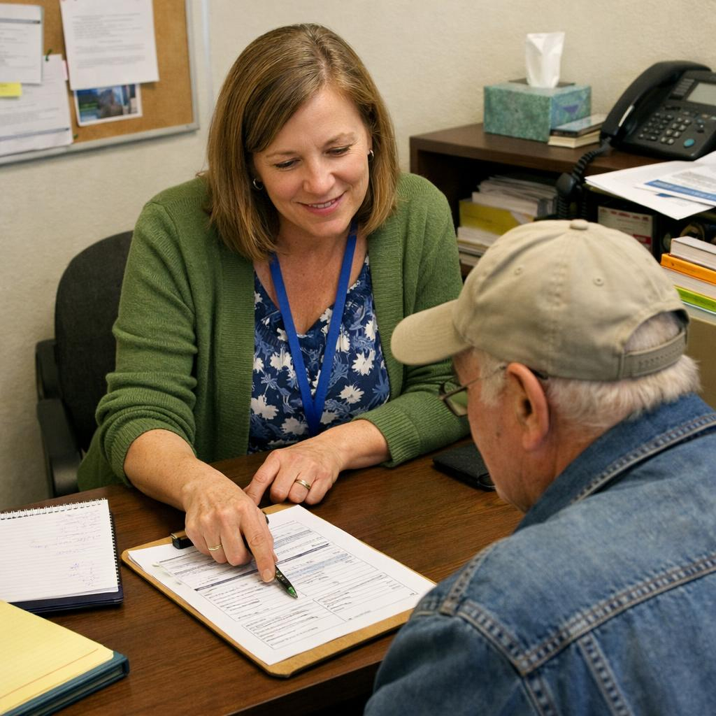 Case manager supporting an older adult with care planning