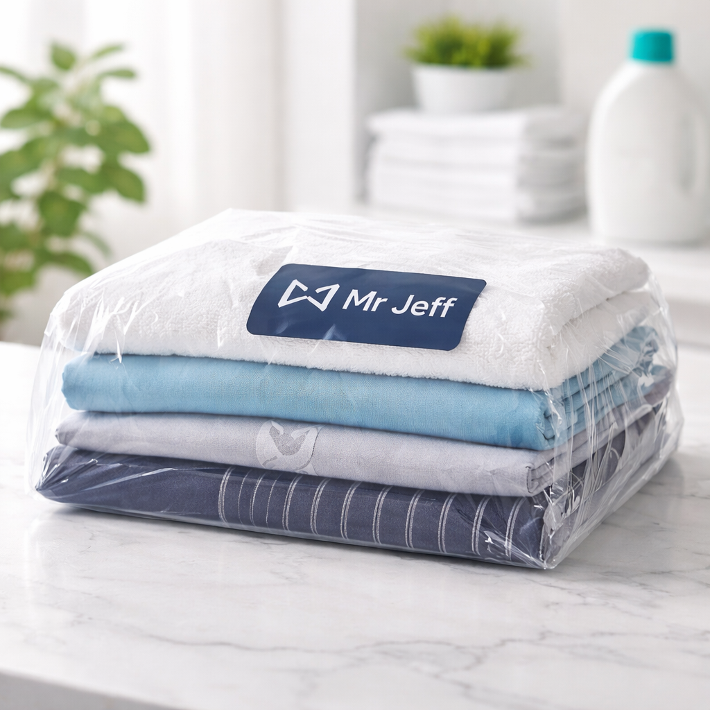 Clean, folded, and packaged clothes ready for delivery.