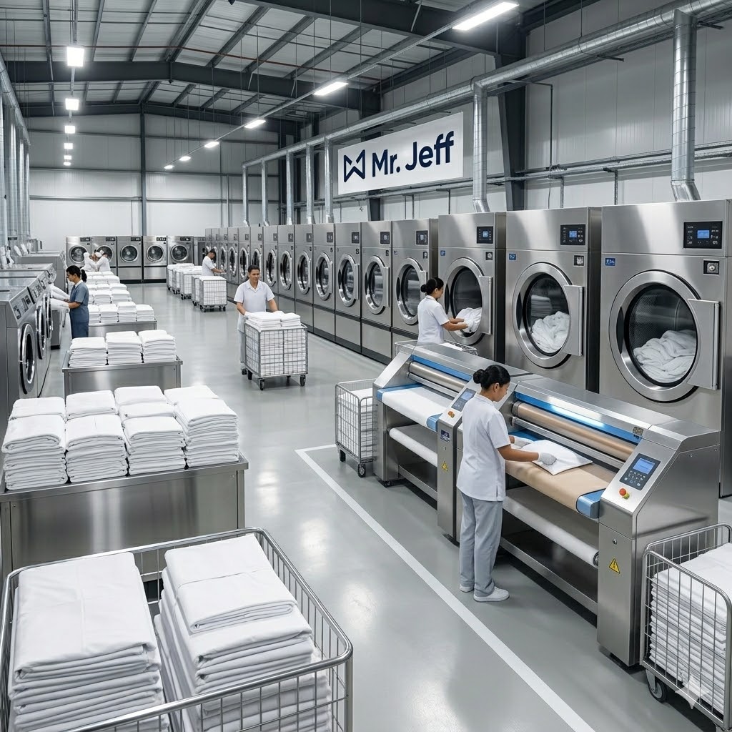 Industrial laundry facility with machines.